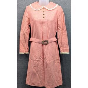 VINTAGE Judy Bee Dress - Pink, Lace Trim, Long Sleeve, Zip Back, Wool Knit, Belt